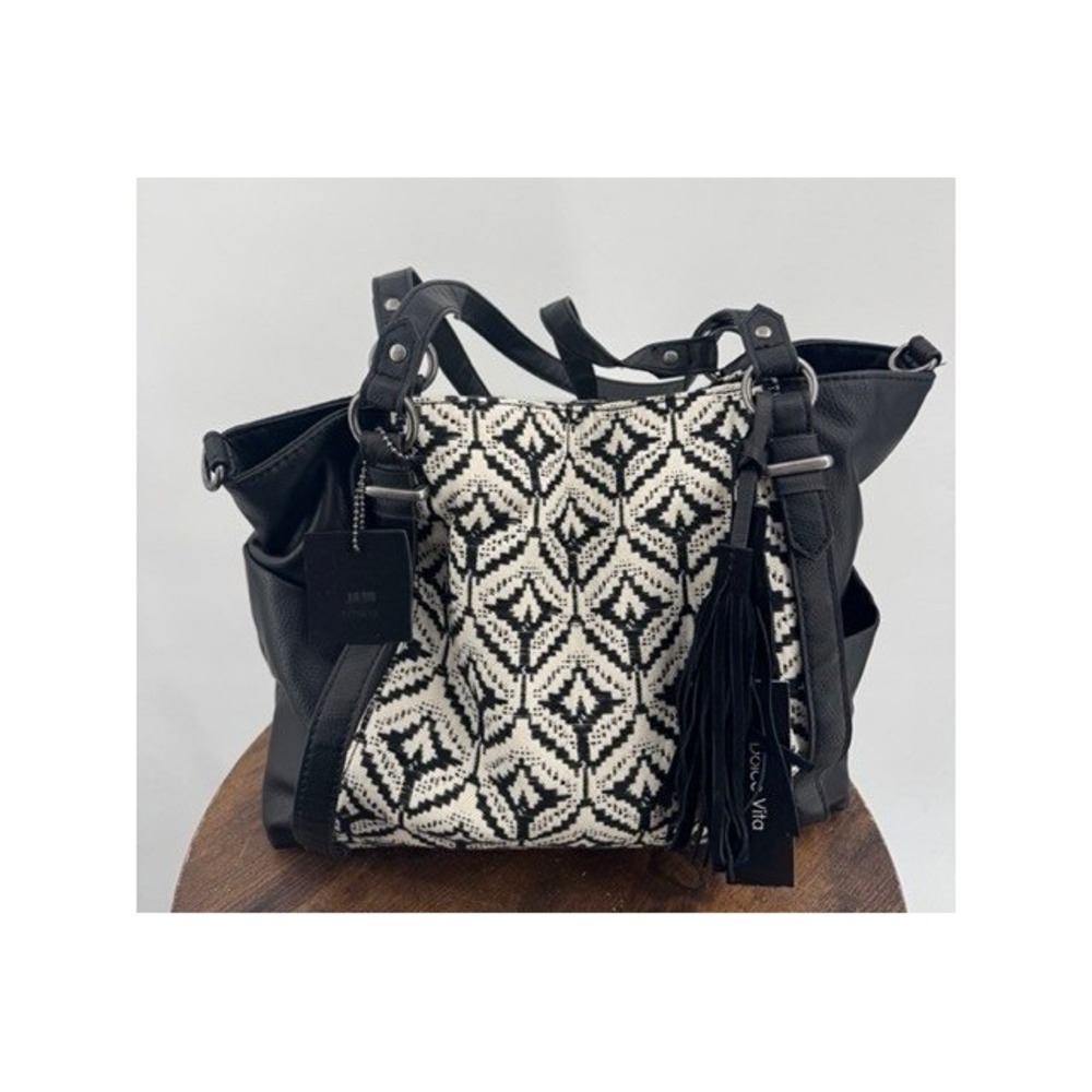 Dolce Vita NEW Black White Suede Geometric Woven Tote Bag Tassel Western Boho